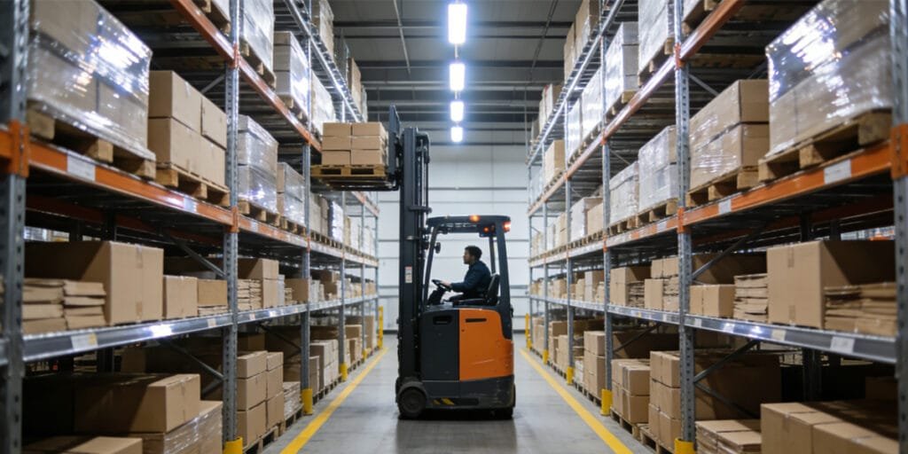 narrow aisle forklift in warehouse storage system