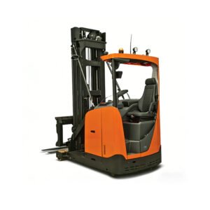 narrow aisle forklift lifting pallet rack