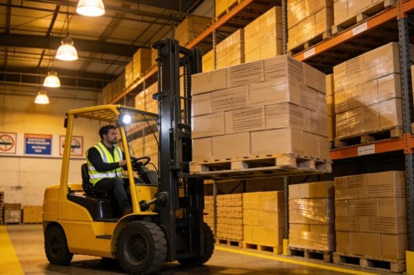 warehouse forklift operating in logistics center