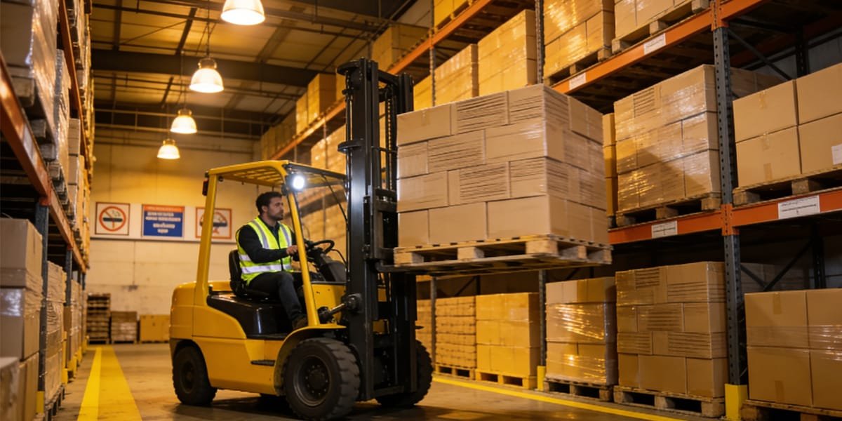 warehouse forklift operating in logistics center